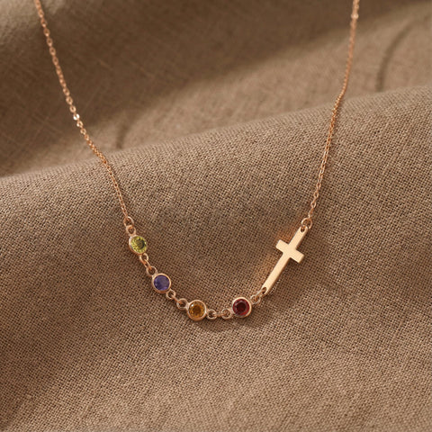 14K Gold Row Birthstone Cross Necklace - 12-24 in M.0343