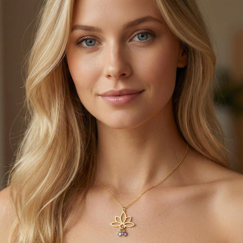 14K Gold Dangling Birthstone Lotus Necklace - 12-24 in M.0345