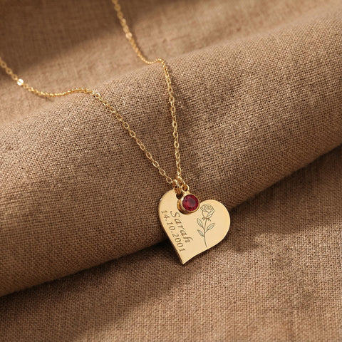 14K Gold Heart Birthstone, Birth Flower Necklace - 12-24 in M.0354