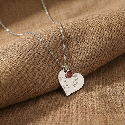 14K Gold Heart Birthstone, Birth Flower Necklace - 12-24 in M.0354