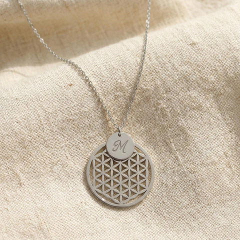 14K Gold Flower of Life Letter Disc Necklace - 12-24 in M.0371