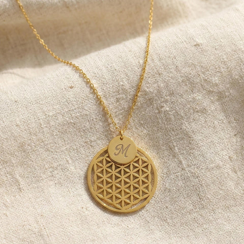 14K Gold Flower of Life Letter Disc Necklace - 12-24 in M.0371