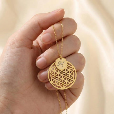 14K Gold Flower of Life Letter Disc Necklace - 12-24 in M.0371