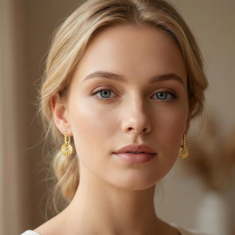 Sun Dangle Hoop Earrings | Textured Sun Charm Earrings | Dainty Boho Jewelry | Sun Jewelry | Gift for Her | Best Friend Gift M.0500