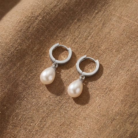 Pearl Drop Huggies | Dangling Pearl Earrings | Silver Hoop Earrings | Dainty Pearl Jewelry | Bridesmaid Gift | Wedding Gift | Christmas Gift M.0188