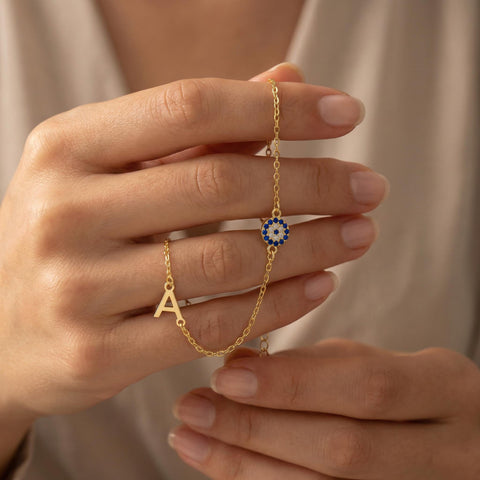14K Gold Evil Eye Initial Bracelet - 3.5-10 in M.0319