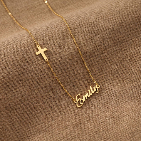 14K Gold Name Necklace with Cross - 12-24 in M.0490