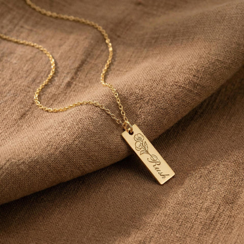 14K Gold Birth Flower Bar Necklace with Name - 12-24 in M.0489