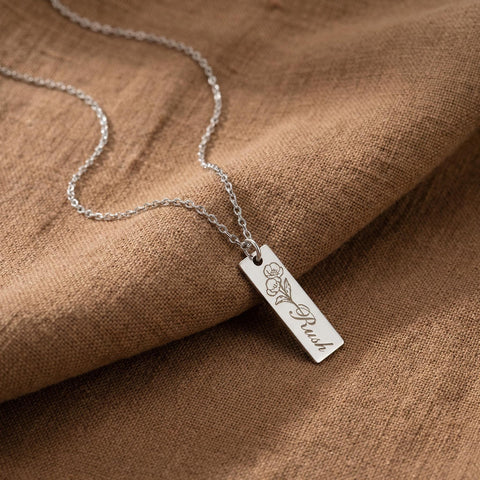 14K Gold Birth Flower Bar Necklace with Name - 12-24 in M.0489