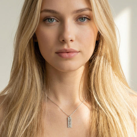 14K Gold Birth Flower Bar Necklace with Name - 12-24 in M.0489