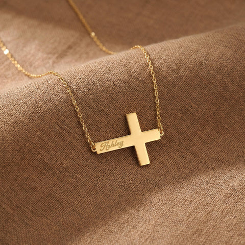 14K Gold Personalized Engraved Side Cross Necklace - 12-24 in M.0233