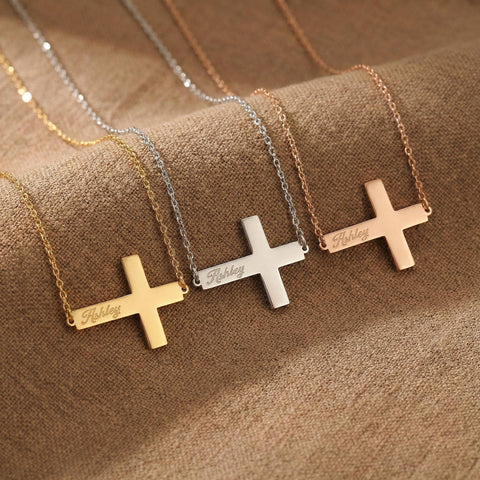 14K Gold Personalized Engraved Side Cross Necklace - 12-24 in M.0233