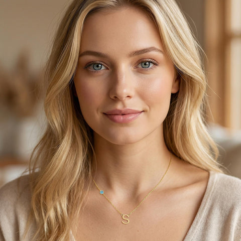 14K Gold Birthstone Letter Necklace - 12-24 in M.0208