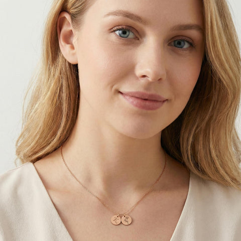 14K Gold Disc Necklace with Initial and Birthflower - 12-24 in M.0133