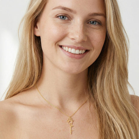 14K Gold Paw Print Name Necklace - 12-24 in M.0573