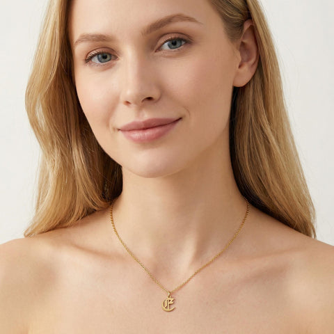 14K Gold Old English Initial Necklace with Cable Chain - 12-24 in M.0303