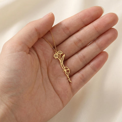 14K Gold Birth Flower Name Necklace with Birthstone - 12-24 in M.0019