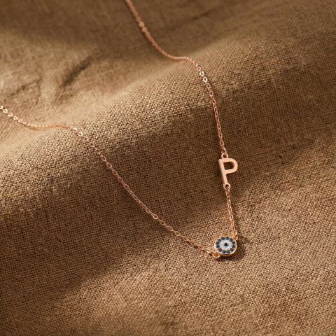 14K Gold Evil Eye Sideway Letter Necklace - 12-24 in M.0014