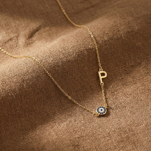 14K Gold Evil Eye Sideway Letter Necklace - 12-24 in M.0014