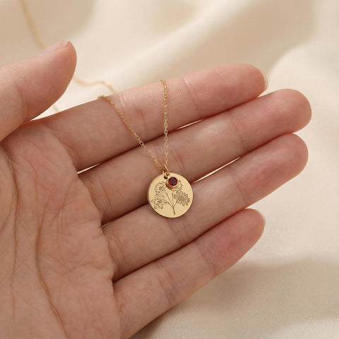 14K Gold Family Birth Flower Disc Necklace with Birthstone - 12-24 in M.0044