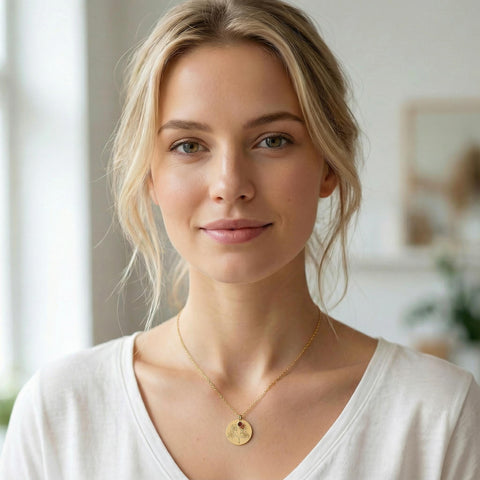 14K Gold Family Birth Flower Disc Necklace with Birthstone - 12-24 in M.0044