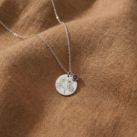 14K Gold Family Birth Flower Disc Necklace with Birthstone - 12-24 in M.0044