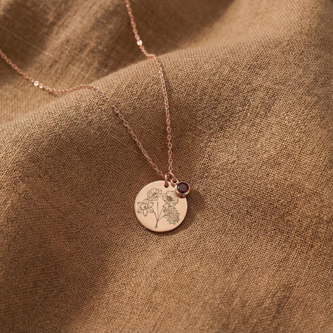14K Gold Family Birth Flower Disc Necklace with Birthstone - 12-24 in M.0044