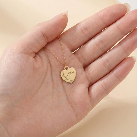 14K Gold Letter Olive Branch Heart Necklace - 12-24 in M.0298