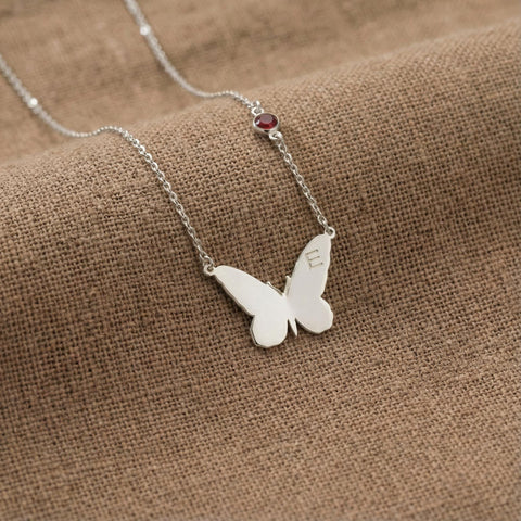 14K Gold Letter Butterfly Necklace Side Birthstone - 12-24 in M.0152