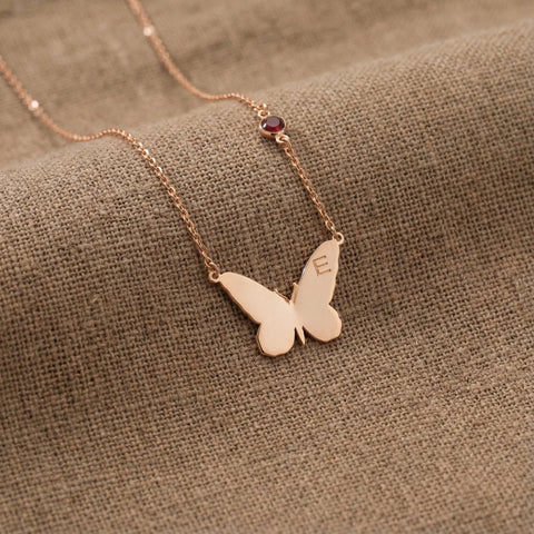 14K Gold Letter Butterfly Necklace Side Birthstone - 12-24 in M.0152