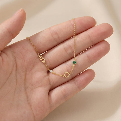 14K Gold Initial Birthstone Necklace - 12-24 in M.0154