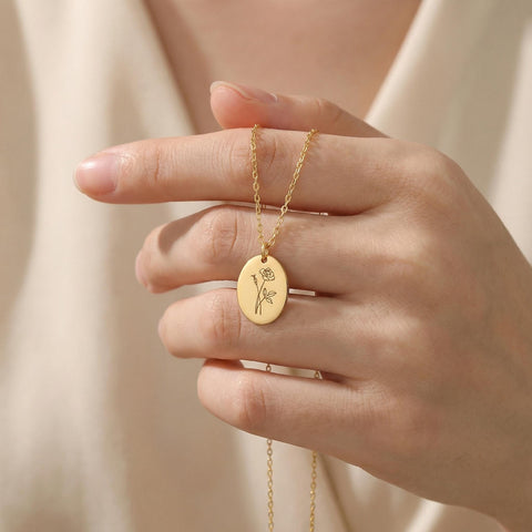 14K Gold Birth Flower Oval Disc Necklace - 12-24 in M.088