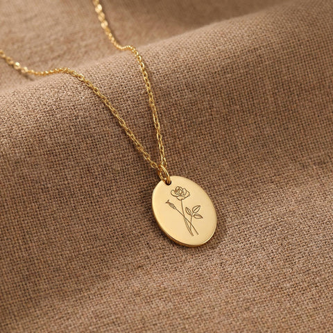 14K Gold Birth Flower Oval Disc Necklace - 12-24 in M.088