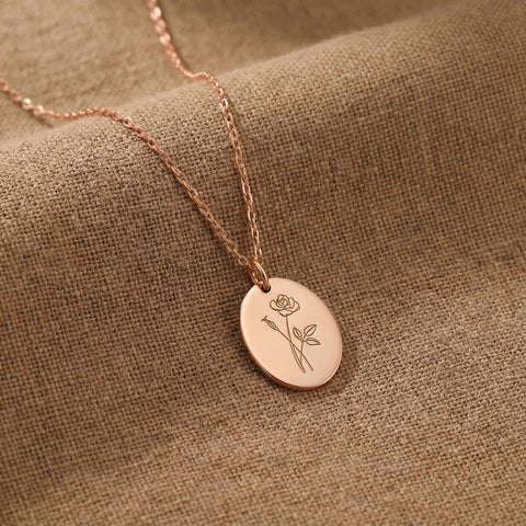 14K Gold Birth Flower Oval Disc Necklace - 12-24 in M.088