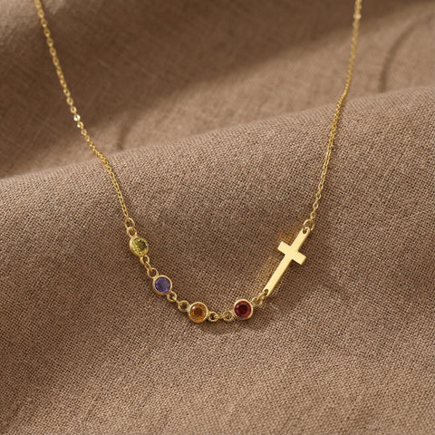 14K Gold Row Birthstone Cross Necklace - 12-24 in M.0343