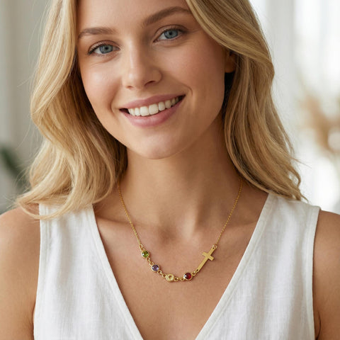 14K Gold Row Birthstone Cross Necklace - 12-24 in M.0343