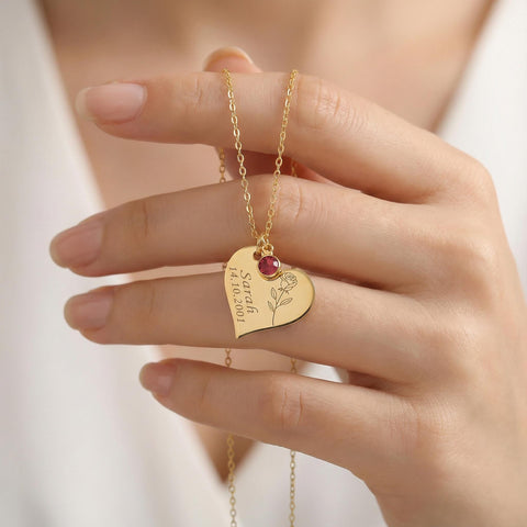 14K Gold Heart Birthstone, Birth Flower Necklace - 12-24 in M.0354