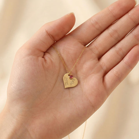 14K Gold Heart Birthstone, Birth Flower Necklace - 12-24 in M.0354