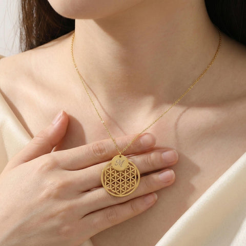 14K Gold Flower of Life Letter Disc Necklace - 12-24 in M.0371