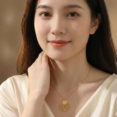 14K Gold Flower of Life Letter Disc Necklace - 12-24 in M.0371