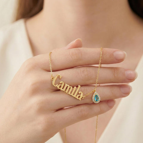 14K Gold Drop Stone Sideways Name Necklace - 12-24 in M.0364