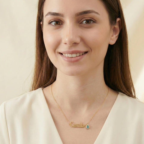 14K Gold Drop Stone Sideways Name Necklace - 12-24 in M.0364