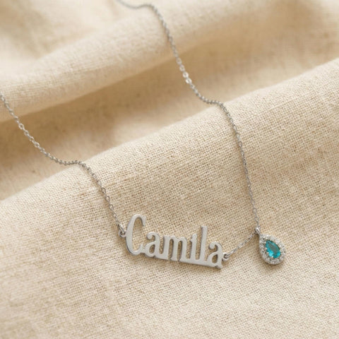 14K Gold Drop Stone Sideways Name Necklace - 12-24 in M.0364