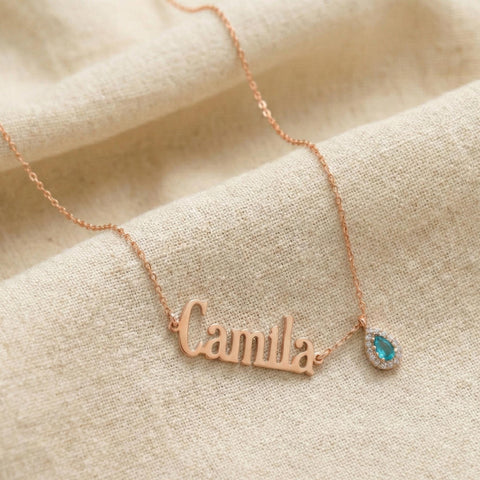 14K Gold Drop Stone Sideways Name Necklace - 12-24 in M.0364
