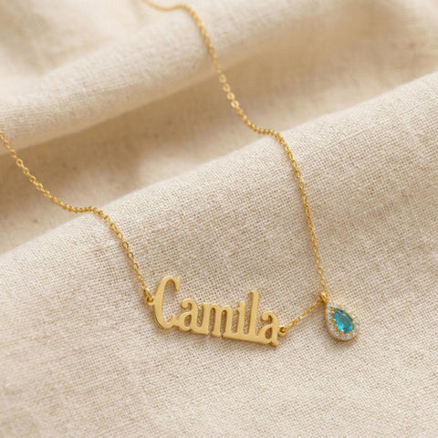 14K Gold Drop Stone Sideways Name Necklace - 12-24 in M.0364