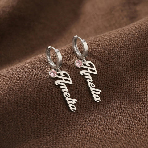 Personalized Birthstone Name Earrings | Custom Name Plate Earrings | Birth Month Jewelry | Birthstone Earrings | Gift for Mom | Gift for Her M.0196