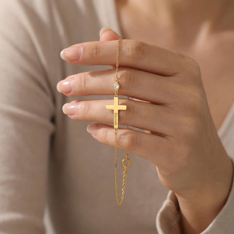 Personalized Name Bracelet with Birthstone | Tiny Gold Cross Bracelet | Christian Jewelry Cross | Birthstone Bracelet | Christmas Gift M.0010