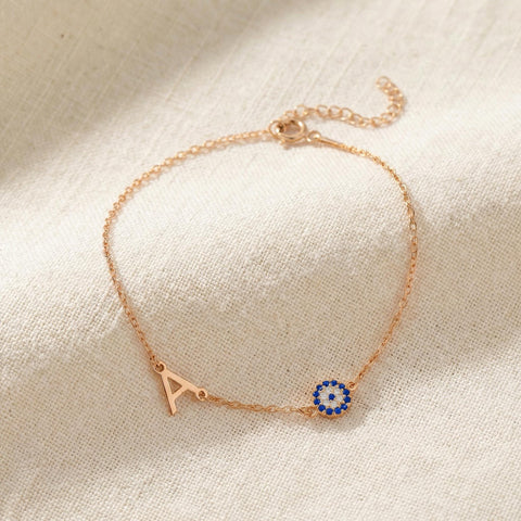 14K Gold Evil Eye Initial Bracelet - 3.5-10 in M.0319
