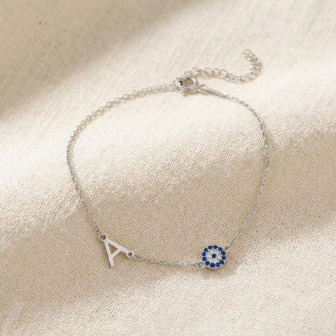 14K Gold Evil Eye Initial Bracelet - 3.5-10 in M.0319