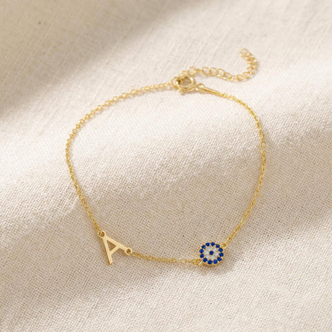 14K Gold Evil Eye Initial Bracelet - 3.5-10 in M.0319